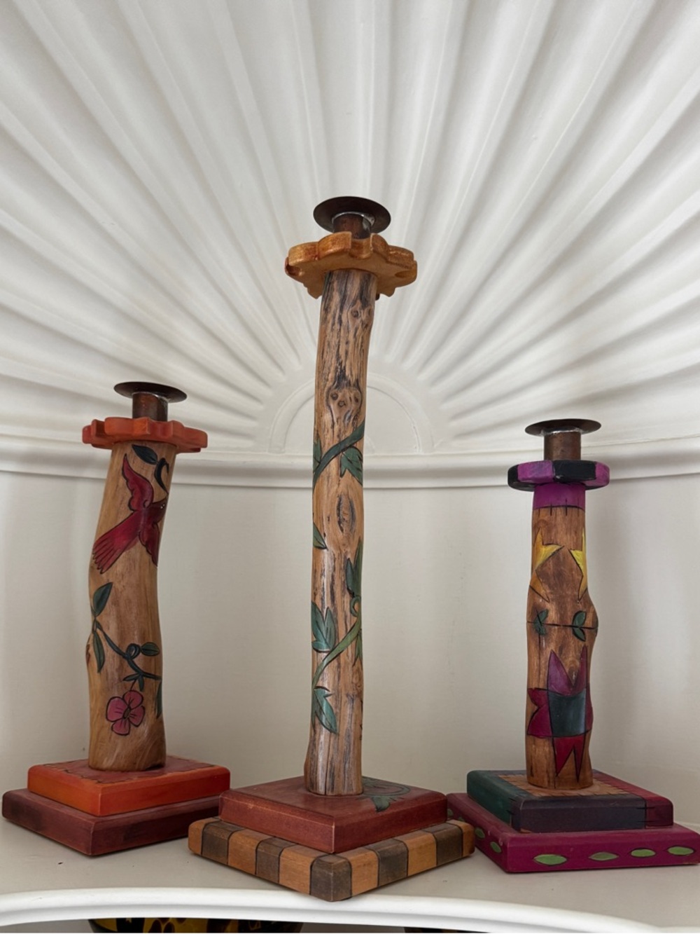Vintage 2002 Limited Edition Sticks Hand-Painted Wood Candle Holders Trio -